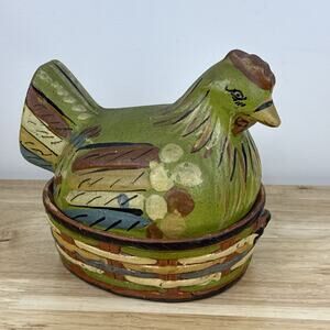 Vintage Mexican Tonala Pottery Hen On Nest Covered Dish Folk Art Chicken 7”